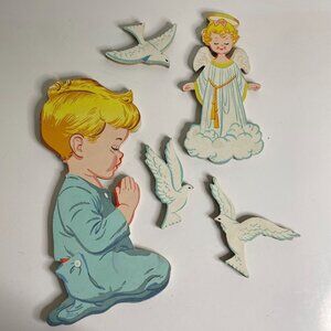 Praying Boy Angel Doves Vintage 50s The Dolly Toy Co Pressed Wood Hanging Nurser